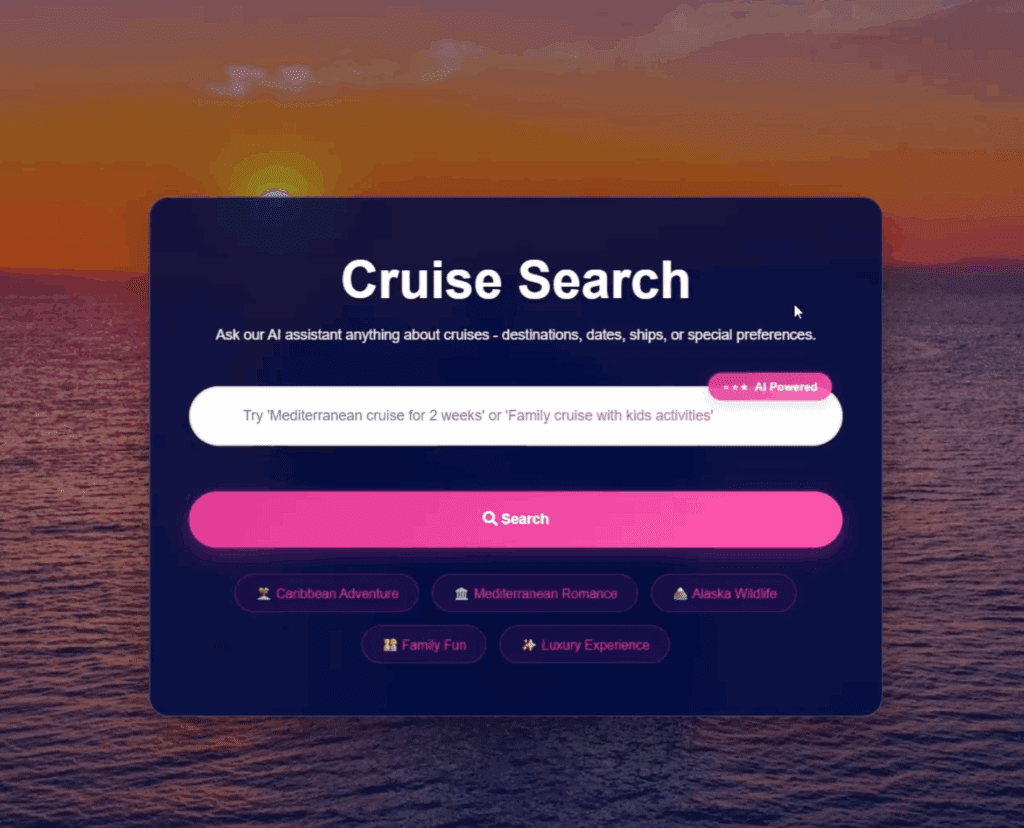 Screenshor of AIVA, with Cruise serch box that shows natural language processing capability