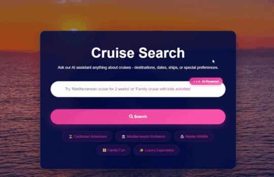 Screenshor of AIVA, with Cruise serch box that shows natural language processing capability