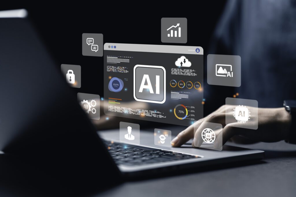 AI automation in travel technology with data dashboards and digital tools on laptop