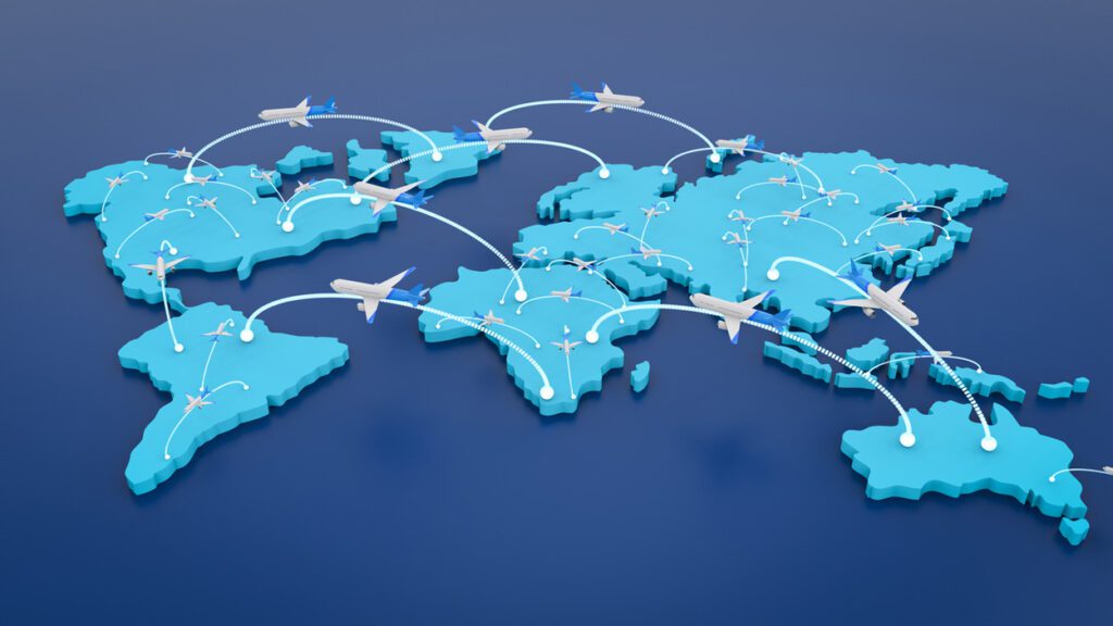 airplane routes on world map symbolizing international travel networks and global representation