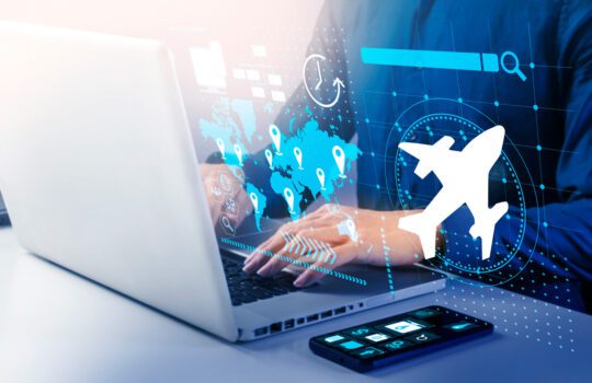 Travel website development concept with laptop user and digital airplane and map graphics for online booking