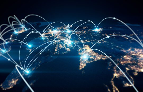 Digital world map with connected cities symbolizing global distribution systems in the travel industry