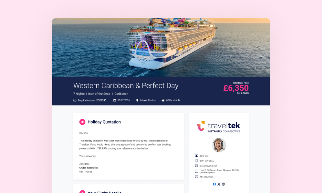 Image of Quote Builder on pink decorative background | traveltek