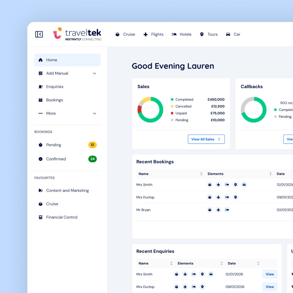 Image of iSell Homepage on blue decorative background | traveltek