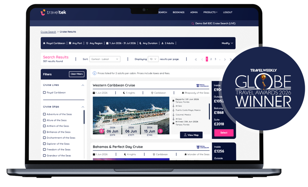 Cruise Connect image with globe travel award winner badge | traveltek