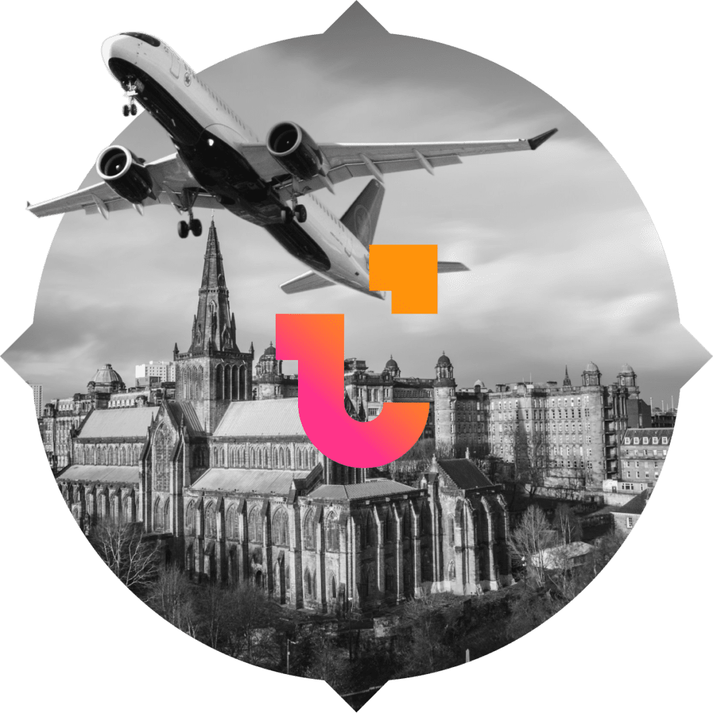Image of plane and traveltek logo overlayed city of glasgow | Traveltek