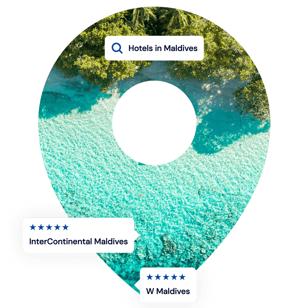 Maldives in shape of pin with hotels overlayed